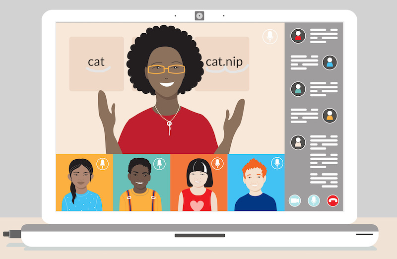 Computer screen showing the teacher and students in a zoom session, teaching reading - the words cat and catnip are on the screen