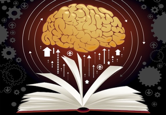 A drawing of a book and a brain above it with arrows pointing from the book to the brain, gears in the background