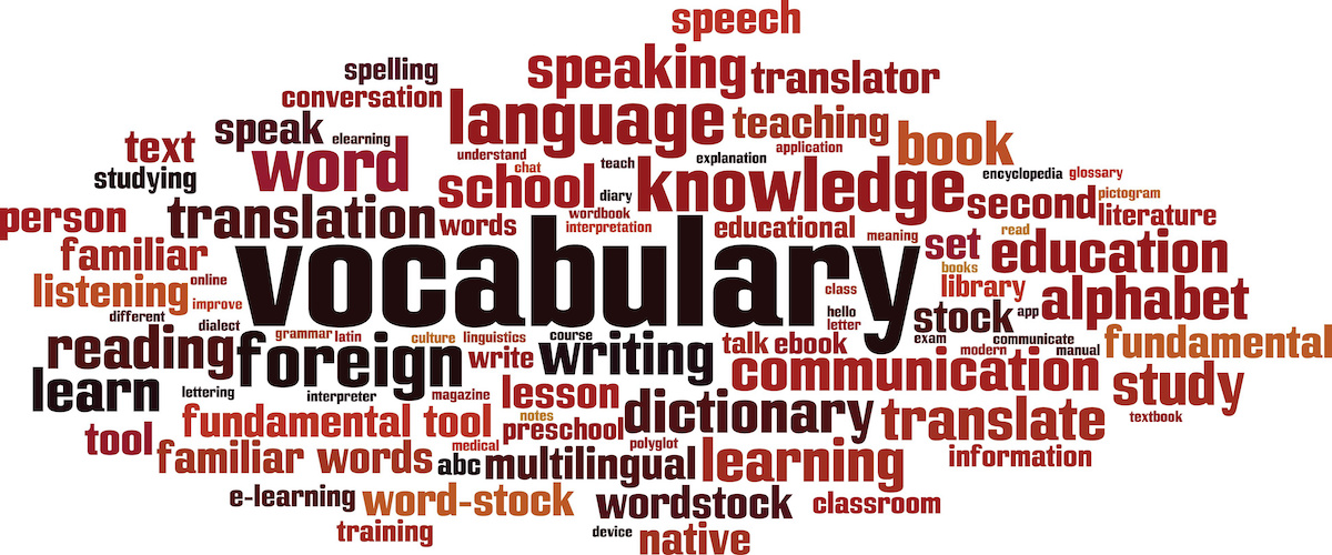 A word cloud with a large word Vocabulary in the center