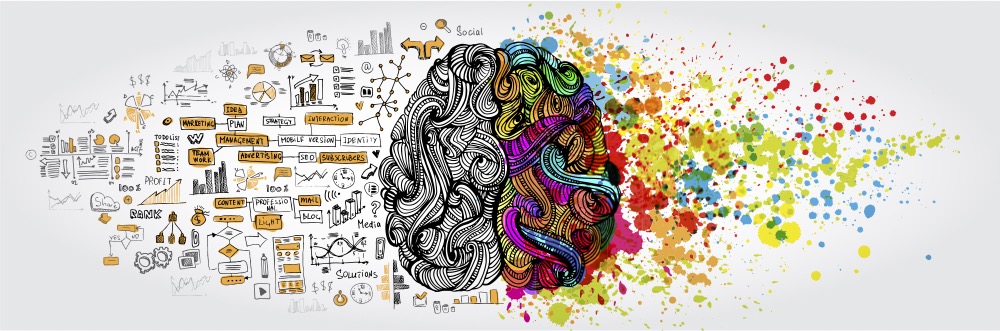 B&W drawing of a brain from the top with lots of texts and formulae expanding to the left of it, and colorful spots to the right of it