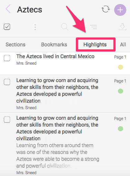 Open your list of highlights