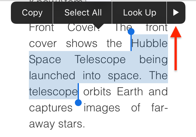 highlighted text options, Copy, Select All, Look Up
