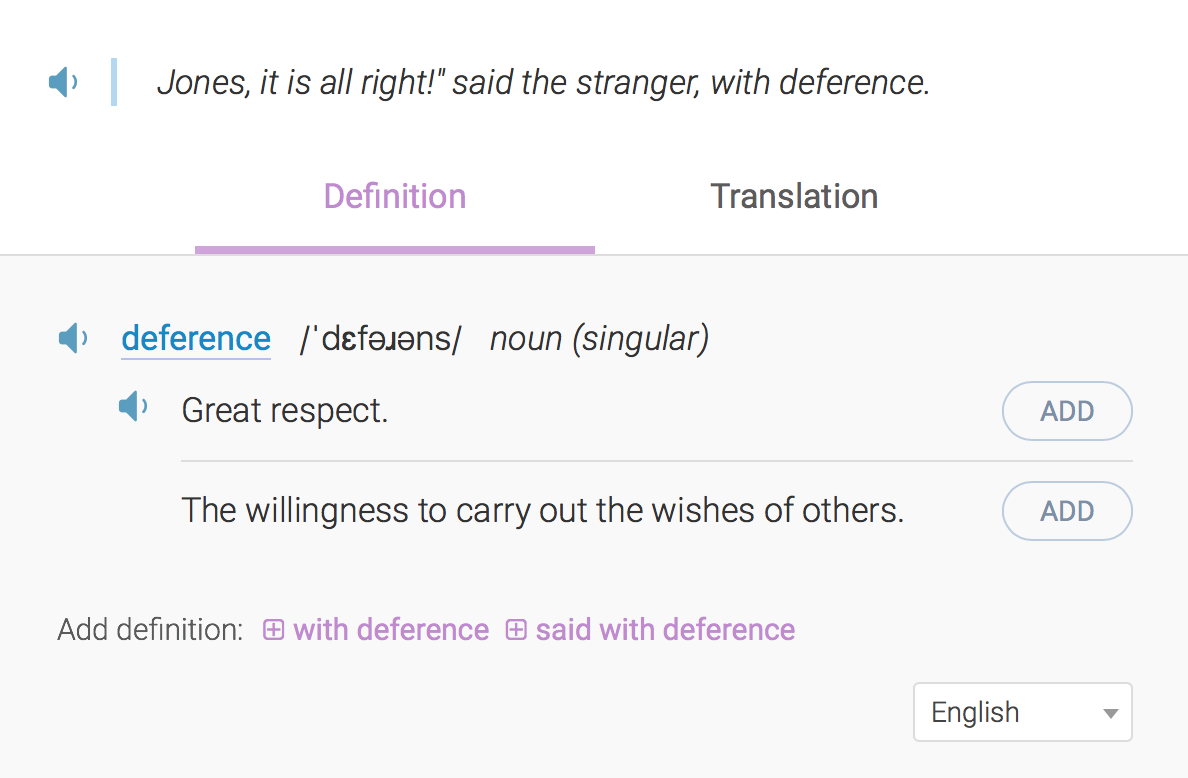 Definition. 'Deference: with great respect